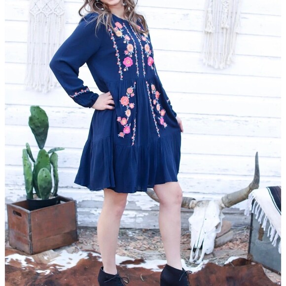 Savanna Jane Embroidered Summer Casual Flowy Sun Dress in Navy. Size S. - Picture 1 of 11